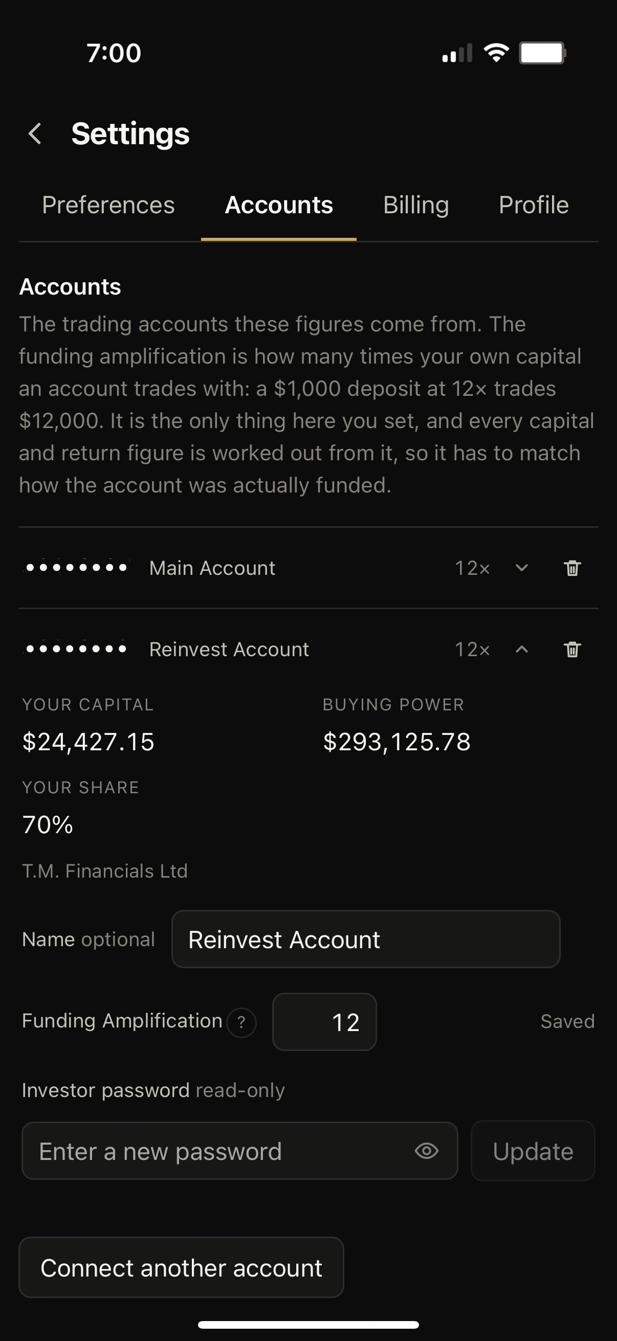 Settings: connected accounts, each with a name, its funding ratio and its share.